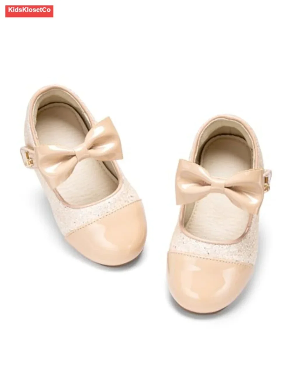 Girls Glitter Mary Jane Flats with Bow, Easy Hook-and-Loop Straps, Anti-Slip